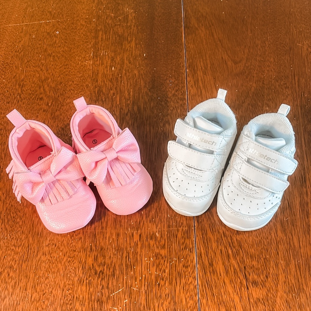 Size 2 bundle lot of 2 pair of baby girl shoes moccasin pink white sneakers